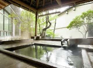 Ninjatours accommodations Kusatsu ryokan bathroom onsen hot spring view