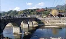 Japan motorcycle tours ninjatours Kasadoshima mountain background with bridge and river