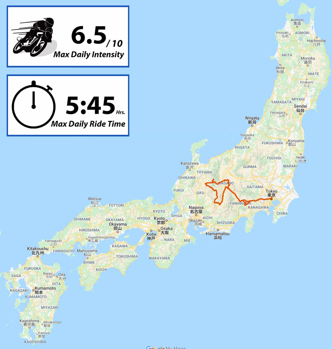 Japan motorcycle map for riders kiso hirayu onsen matsumoto tokyo